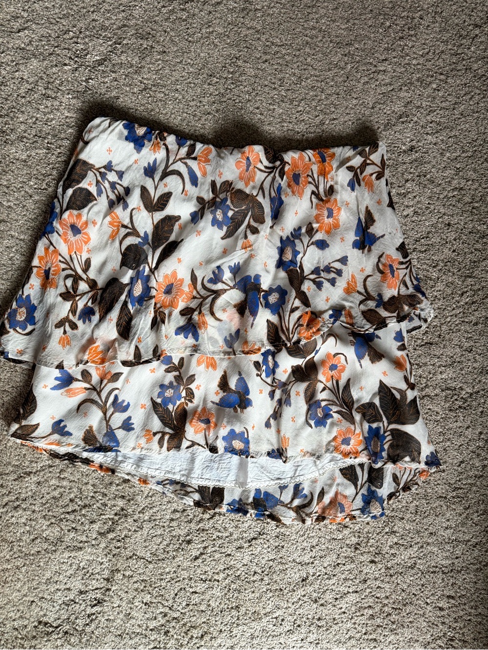 Anthropologie Floral Tiered Mini Skirt in White with Blue & Orange Flowers